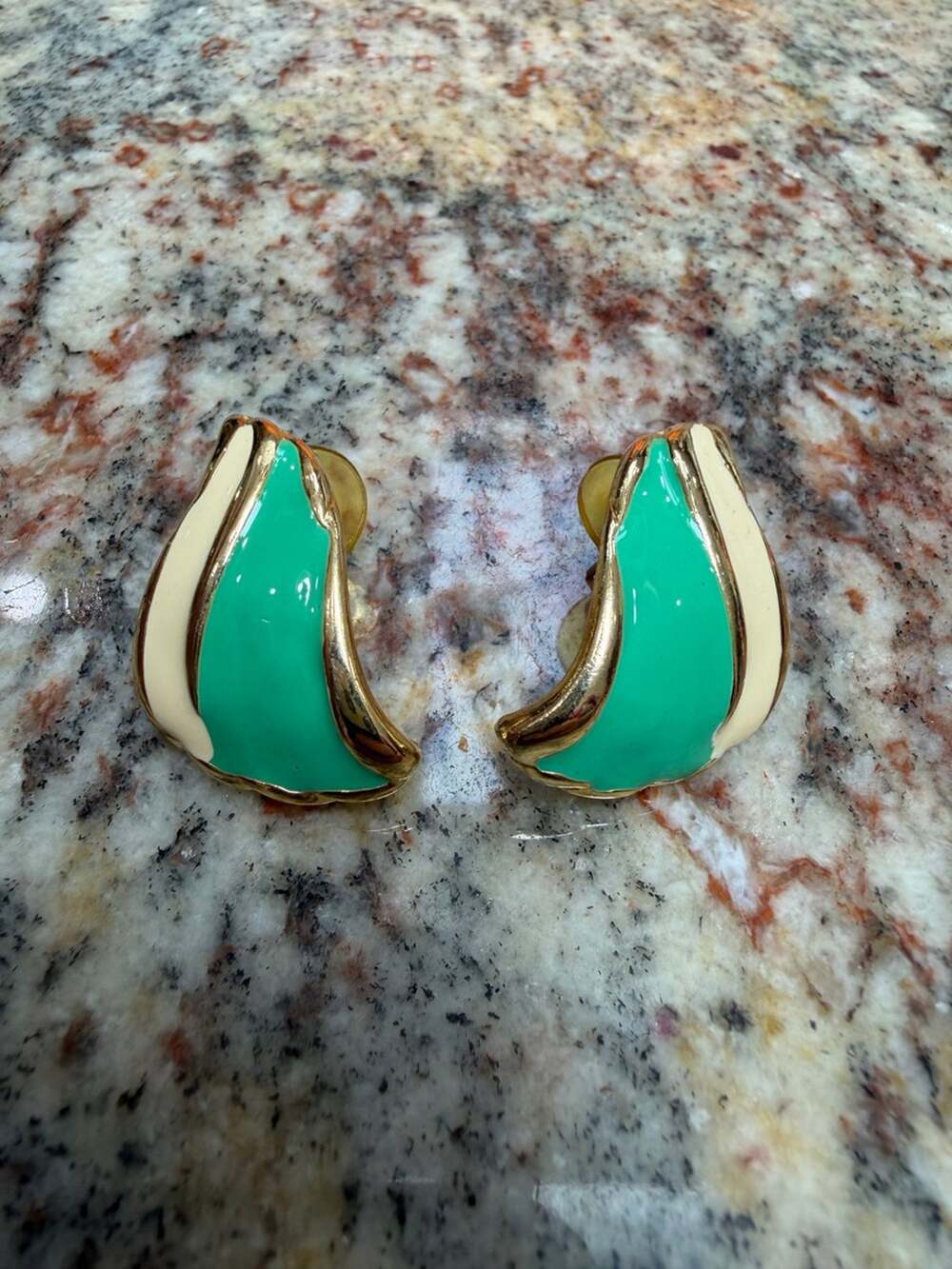 Vintage Green and Cream Enamel Gold-Tone Earrings